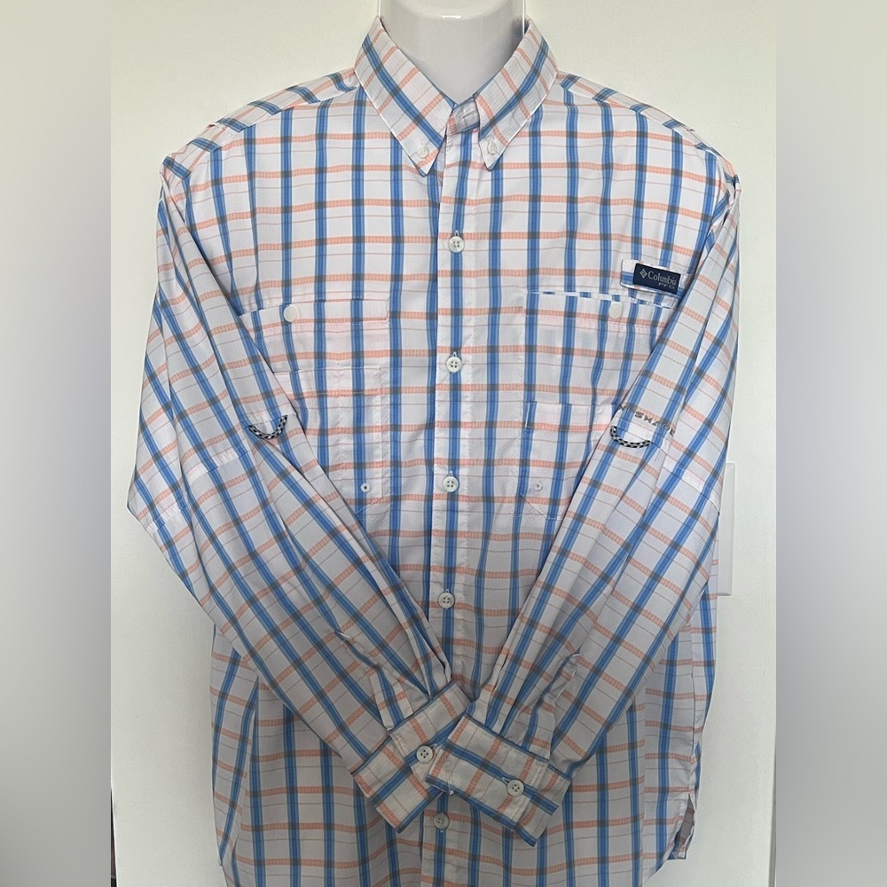 Columbia Men’s Lightweight Plaid Button-Down Shirt in Blue & Peach Sz/M NWOT